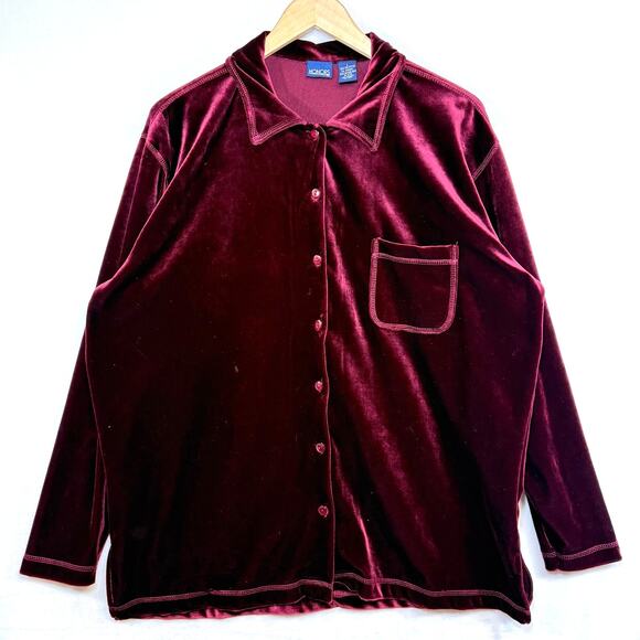 Vintage Honors L Burgundy Velvet‎ Button Down Shirt Y2K Soft Vamp Retro Lounge - Picture 1 of 8